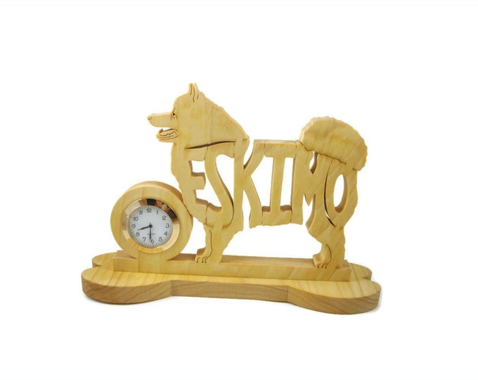 American Eskimo Dog Wood Desk Clock Handcrafted From Poplar Lumber