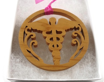 Caduceus Medical Symbol Christmas Ornament Handmade From Cherry Wood By KevsKrafts BN-6-002