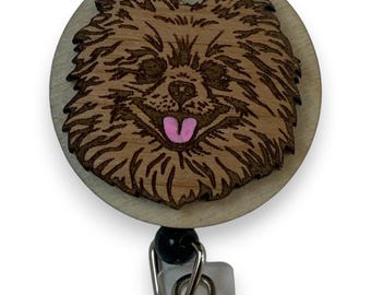 Badge Reel With Pomeranian Dog Laser Engraved, Retractable ID Holder with Alligator Swivel Clip