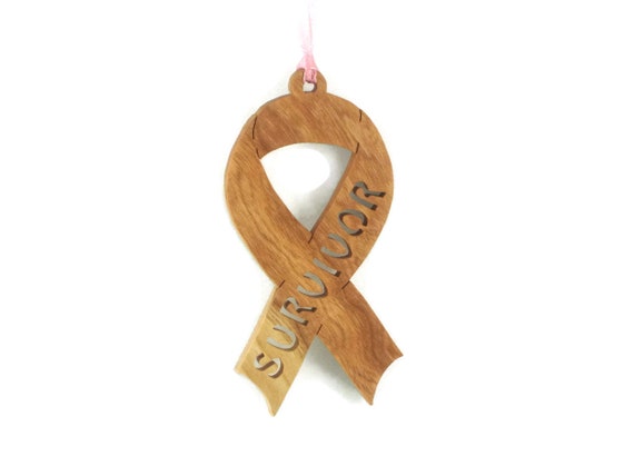 Cancer Survivor Ribbon Christmas Ornament Handmade From Cherry BN-2-M2