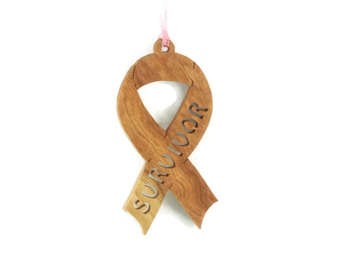 Cancer Survivor Ribbon Christmas Ornament Handmade From Cherry BN-2-M2