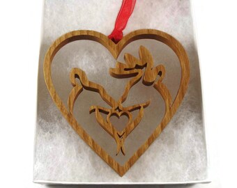 Affectionate Deer Couple In Heart Shape Christmas Ornament Handmade From Cherry Wood By KevsKrafts, Buck & Doe, Deer Hunter, Sportsman BN-1