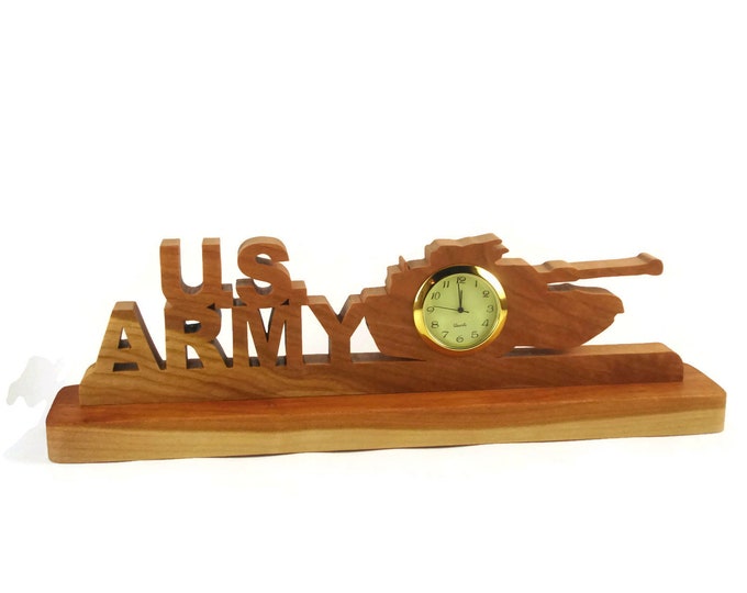 US Army Desk Or Shelf Clock Handmade From Cherry Wood By KevsKrafts Woodworking, Army Tank BN-4