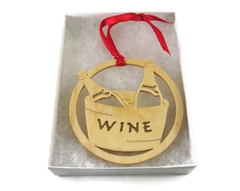 Wine Bottles In Ice Bucket Christmas Ornament Handmade From Birch Wood By KevsKrafts BN-15