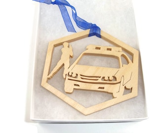Handmade Birch Wood Police Car Christmas Ornament