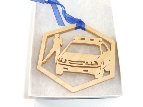 Handmade Birch Wood Police Car Christmas Ornament