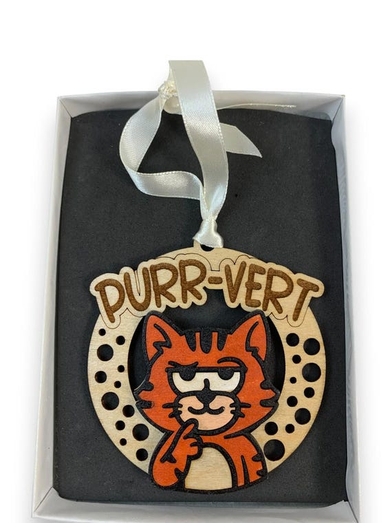 Funny Cat "Perr-Vert" Ornament Laser Engraved and Hand Painted