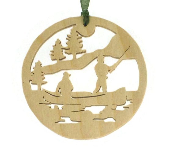 Friends Fishing Trip Christmas Ornament Handmade From Birch Plywood, Fishing Boat on the Lake