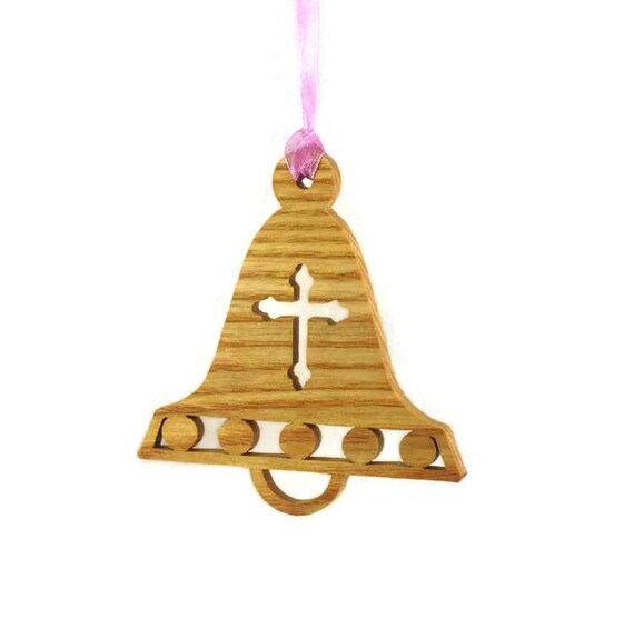 Christmas Bell With Decorative Cross Ornament Handmade From Ash Wood (001)