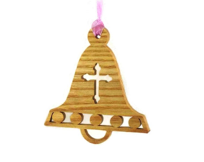 Christmas Bell With Decorative Cross Ornament Handmade From Ash Wood (001)