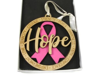 Hope Cancer Pink Ribbon Layered Christmas Ornament Laser Engraved