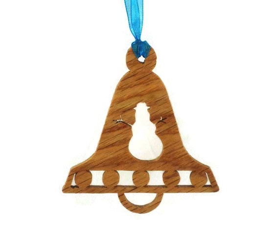 Snowman Bell Shaped Christmas Ornament Handmade From Oak Wood