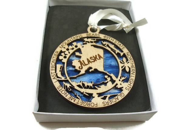 Alaska State Christmas Ornament Laser Engraved And Hand Painted