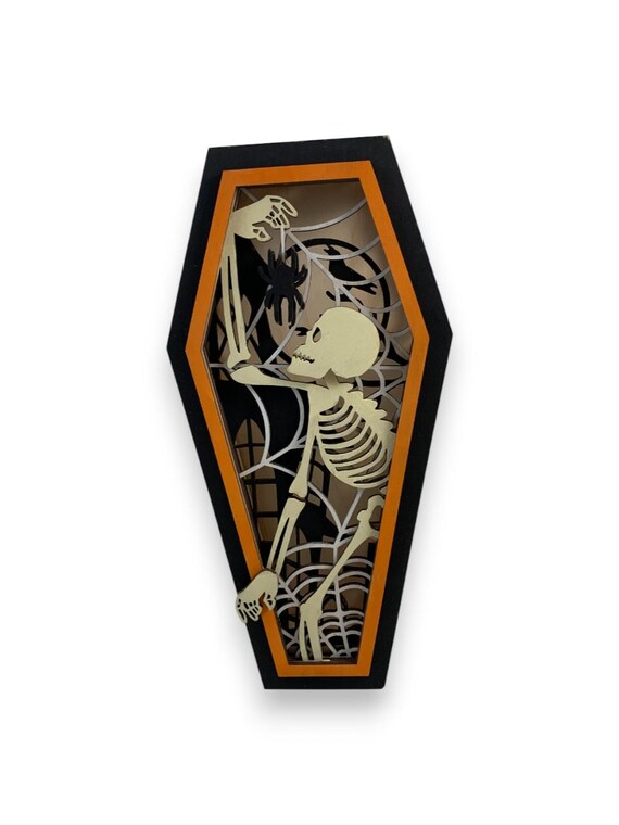 Wooden Halloween Skeleton  Coffin Lantern With Tea Light