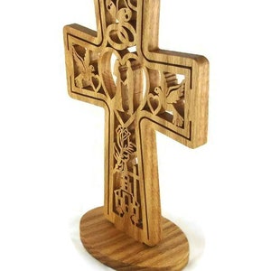 Wedding Marriage Cross Handmade From Oak Wood, Church, Bride, Groom, Doves, Hearts, Bells, Flowers, and Cross image 4