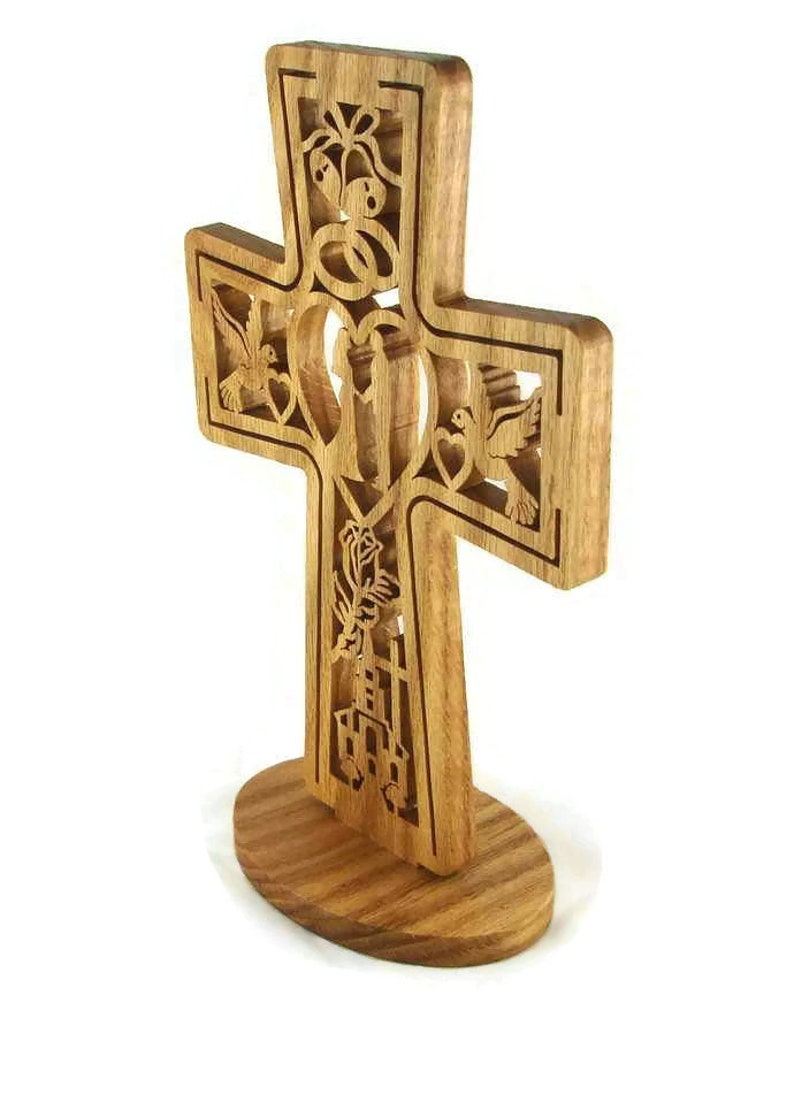 Wedding Marriage Cross Handmade From Oak Wood, Church, Bride, Groom, Doves, Hearts, Bells, Flowers, and Cross image 4