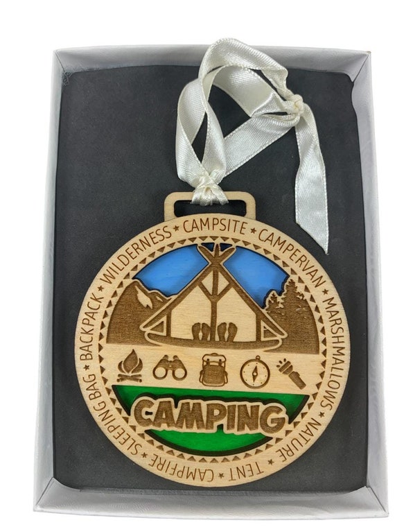 Camping Christmas Ornament Laser Engraved From Birch Wood