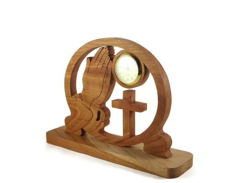 Praying Hands and Cross Desk Clock Handmade From Cherry Wood By KevsKrafts Woodworking image 2