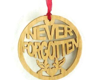 Handmade Birch Wood Christmas Ornament: Never Forgotten, Heart & Doves
