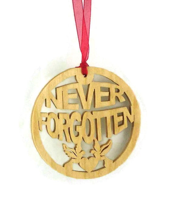 Handmade Birch Wood Christmas Ornament: Never Forgotten, Heart & Doves