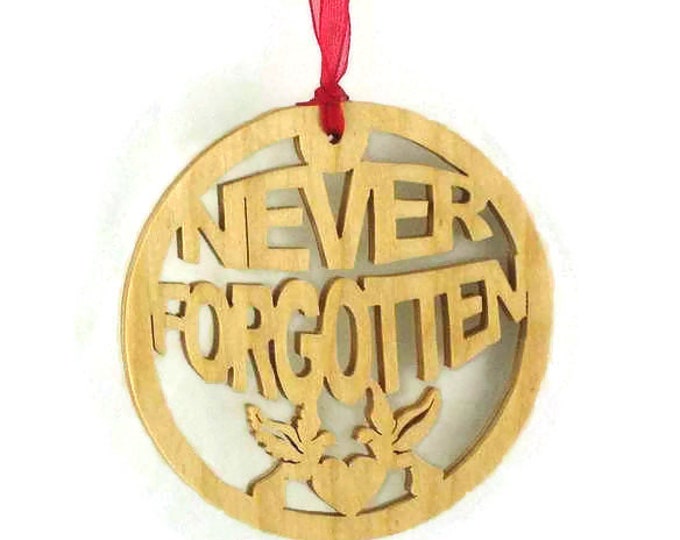 Never Forgotten Christmas Ornament With Heart And Doves Handmade From Birch Wood, Soldier Ornament, Fallen Soldier, POW Ornament