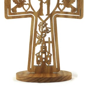Wedding Marriage Cross Handmade From Oak Wood, Church, Bride, Groom, Doves, Hearts, Bells, Flowers, and Cross image 3