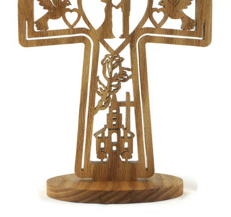 Wedding Marriage Cross Handmade From Oak Wood, Church, Bride, Groom, Doves, Hearts, Bells, Flowers, and Cross image 3