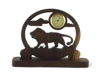 Lion Scene Desk Clock With Quartz 1-7/16 Clock Insert, Handmade From Walnut Wood