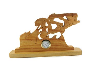 Bass Fish Desk Or Shelf Clock Handcrafted Using A Scroll Saw From Ash Wood by KevsKrafts