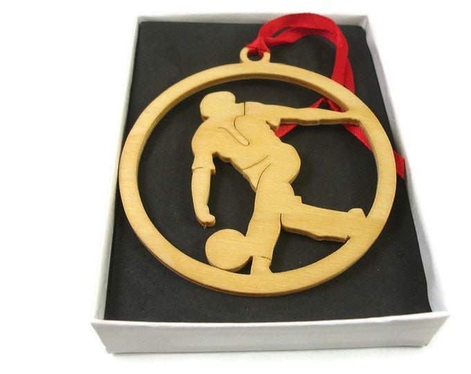 Guy Throwing The Bowling Ball Christmas Ornament Handmade From Birch Wood