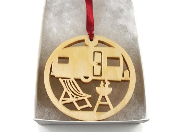 Backwoods Camping Scene With Campfire Christmas Ornament Handmade From Birch Wood By KevsKrafts BN-001-5