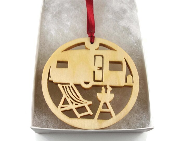 Backwoods Camping Scene With Campfire Christmas Ornament Handmade From Birch Wood By KevsKrafts BN-001-5