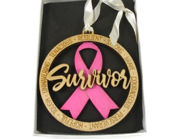 Breast Cancer Survivor Christmas Ornament Laser Engraved From Birch