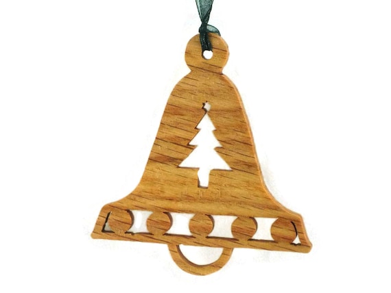 Christmas Bell With Tree Ornament Handmade From Oak Wood