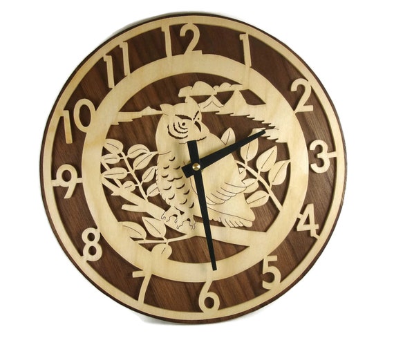Owl Scene Wall Hanging Clock Handmade From Birch And Walnut Wood By KevsKrafts
