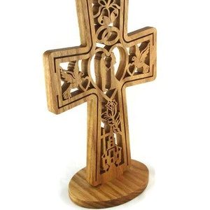 Wedding Marriage Cross Handmade From Oak Wood, Church, Bride, Groom, Doves, Hearts, Bells, Flowers, and Cross image 5