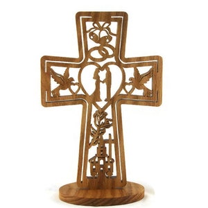 Wedding Marriage Cross Handmade From Oak Wood, Church, Bride, Groom, Doves, Hearts, Bells, Flowers, and Cross image 1
