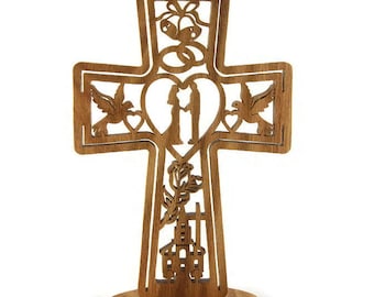 Wedding Marriage Cross Handmade From Oak Wood, Church, Bride, Groom, Doves, Hearts, Bells, Flowers, and Cross