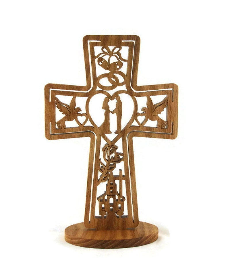 Wedding Marriage Cross Handmade From Oak Wood, Church, Bride, Groom, Doves, Hearts, Bells, Flowers, and Cross image 1