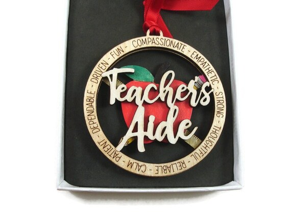 Teachers Aide Ornament Laser Engraved Hand Painted From Birch Wood