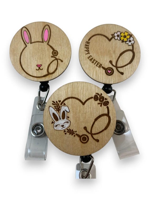 Wooden Badge Reels Easter Bunny Themes, Retractable ID Holder with Alligator Swivel Clip