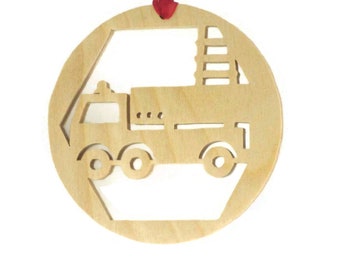 Birch Plywood Firetruck Christmas Ornament: Handmade Ladder Truck