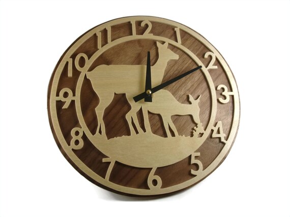 Handmade Deer Scene Wood Wall Clock: Birch & Walnut