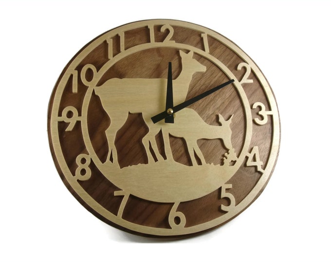 Deer Grazing Scene Wood Wall Hanging Clock Handmade From Birch And Walnut Wood By KevsKrafts
