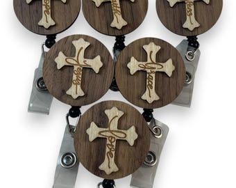 Cross Badge Reels Choose Engraved Word Options, Retractable ID Holder with Alligator Swivel Clip