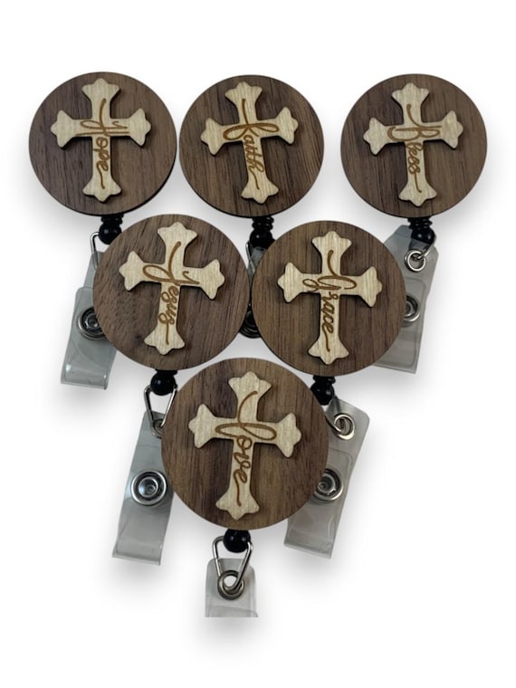Cross Badge Reels Choose Engraved Word Options, Retractable ID Holder with Alligator Swivel Clip