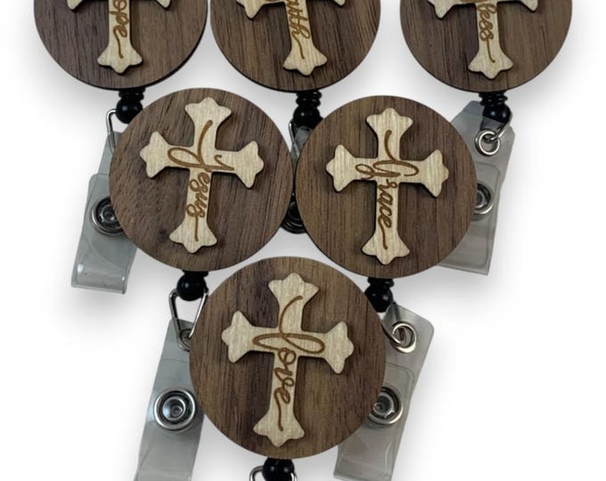 Featured listing image: Cross Badge Reels Choose Engraved Word Options, Retractable ID Holder with Alligator Swivel Clip
