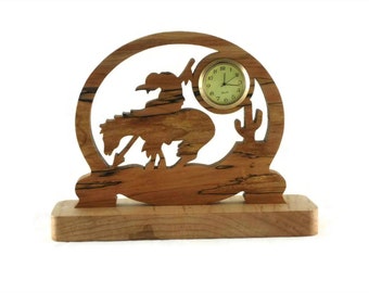 End Of Trail Desk Clock Handmade From Spalted Maple, Cut By Hand On A Scroll Saw