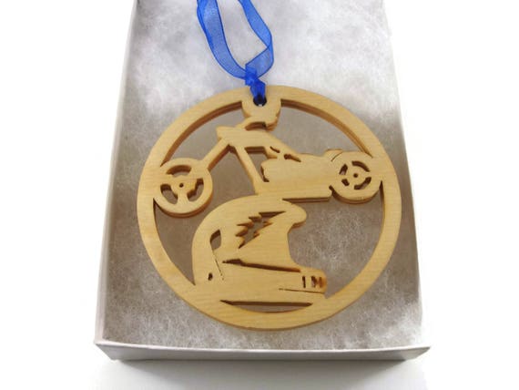 Chopper Bike And Motorcycle Helmet Christmas Ornament Handmade From Birch Wood By KevsKrafts
