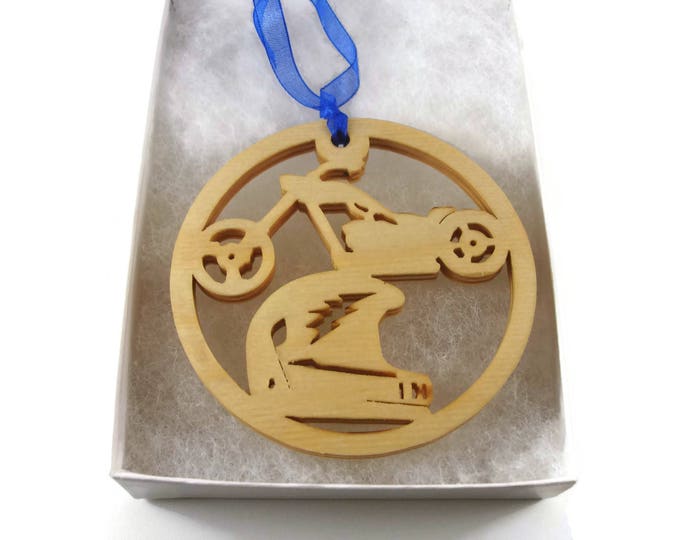 Chopper Bike And Motorcycle Helmet Christmas Ornament Handmade From Birch Wood By KevsKrafts